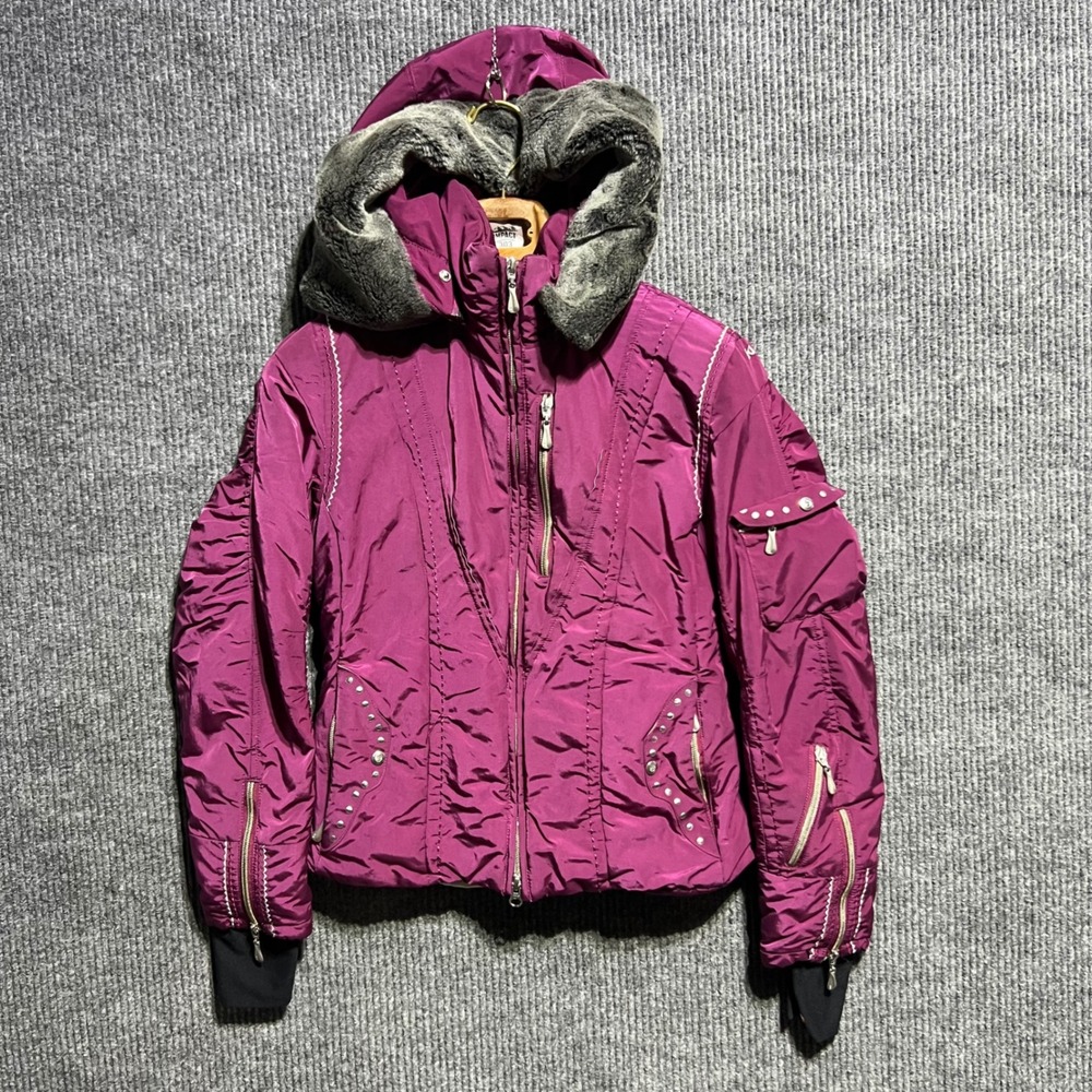 Nevica EANDO Ski Jacket Women 4 Magenta Purple Faux Fur Hood Studded Technical